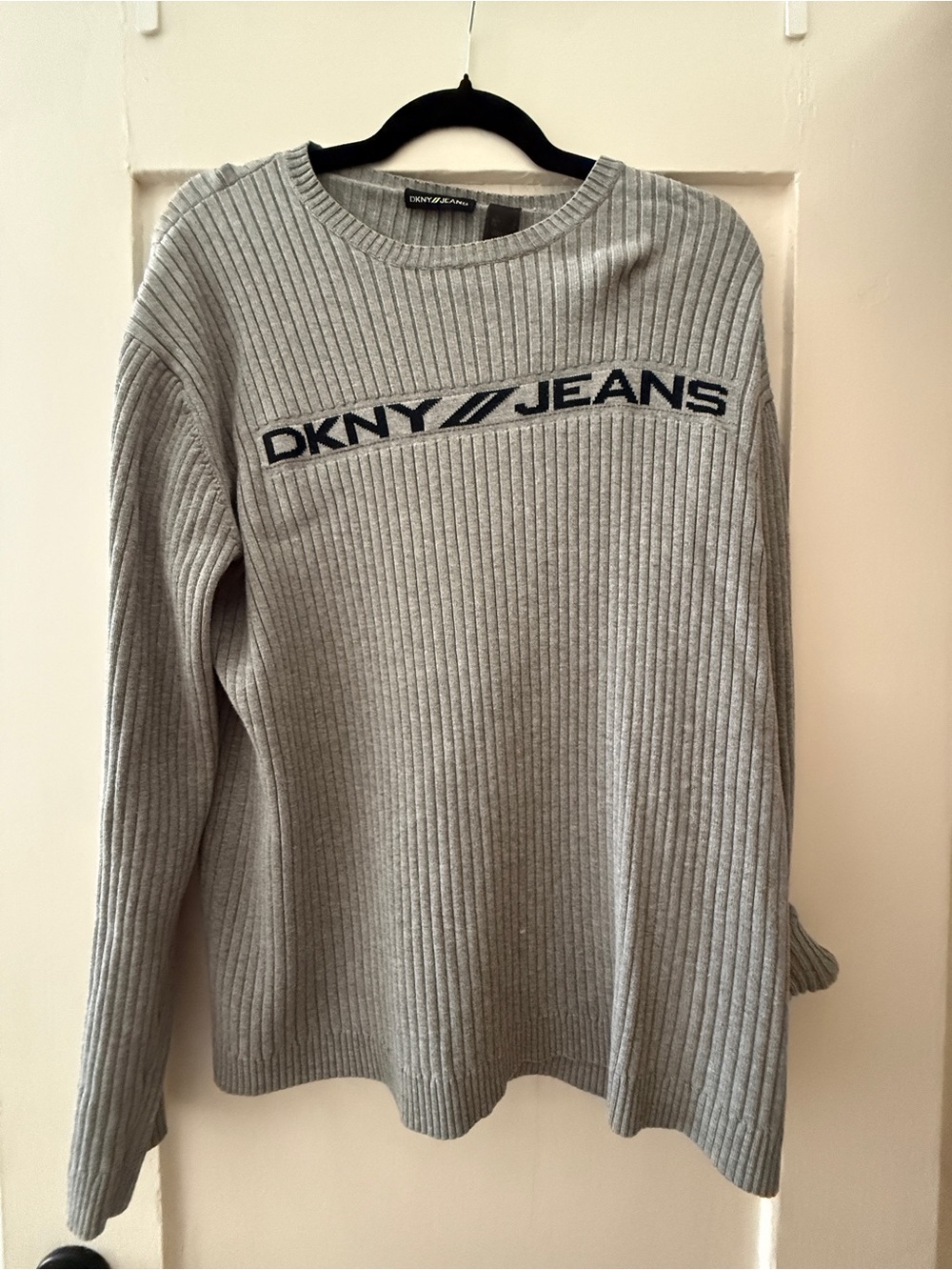 DKNY Jeans Men's Gray Ribbed Crewneck Sweater with Logo
